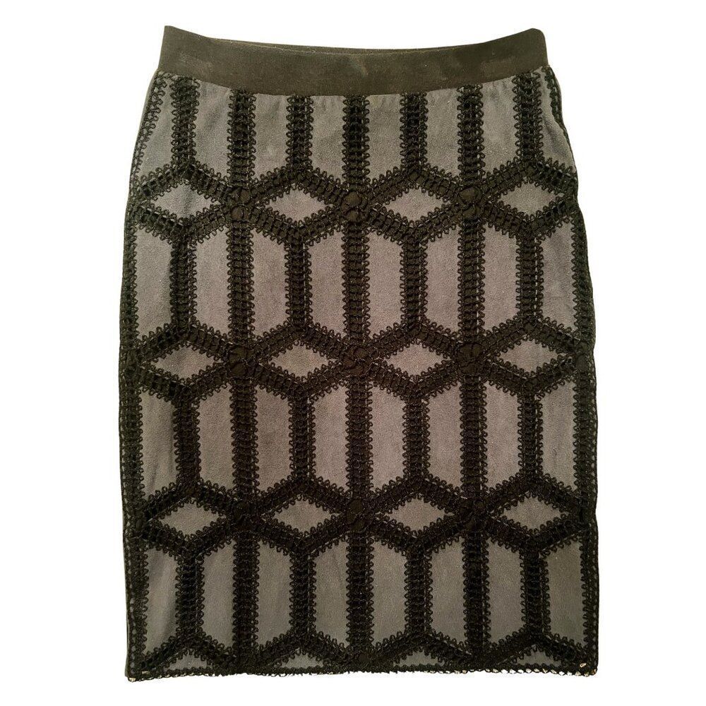 CATO Faux Suede Steel Grey/Blue and Black Crochet Pencil Skirt